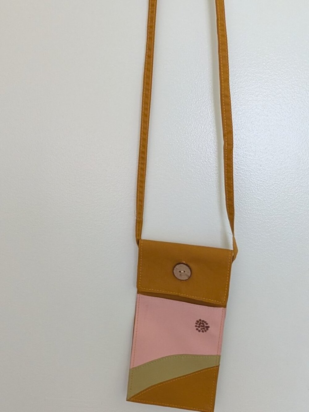 Mustard Phone Crossbody Bag Colorblock Wave Design Pink Olive Wooden Button Clos